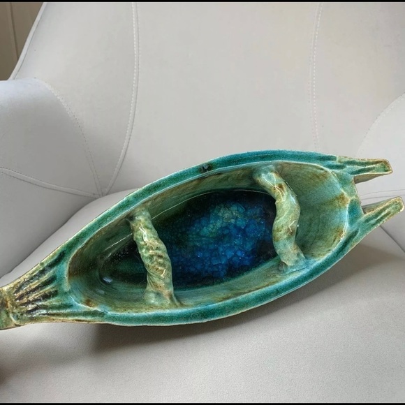 Canoe Glazed Stoneware Turquoise Drip Fused Blue Glass Bottom Statement Piece - Picture 4 of 5